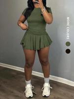 Women's Solid Color Tee & Pleated Skirt Two-Piece Set, Casual Short Sleeve T-Shirt & Skirt for Daily Wear, Ladies Clothes for...