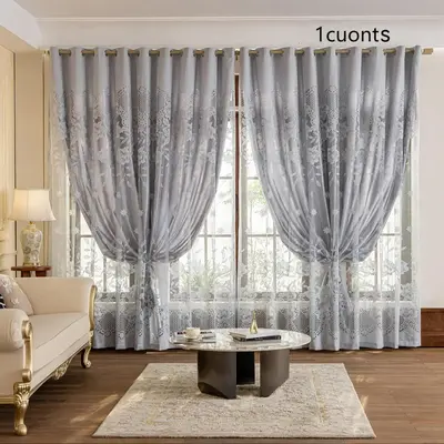 Double-layer Room Decor Blackout Heavy Window Curtain, 1 Count Modern Flower Pattern Installation Curtain, Privacy Grommet Cu...