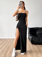Women's Solid Backless Split Thigh Cami Dress, Elegant Sleeveless Long Dress for Party Club Dating Wear, Ladies Summer Clothe...