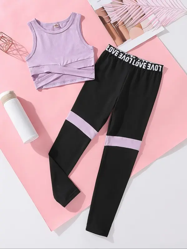 Girl's plain Crop Tank Top & Leggings Two-Piece Set, Casual Sleeveless Round Neck Top & Skinny Pants for Spring & Fall, Kids ...