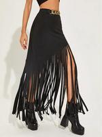 Women's Solid Color Fringe Trim Skirt, Lady Fashionable Fitted Long Skirt for Party Club Dating Wear, Women's Bottoms for Sum...