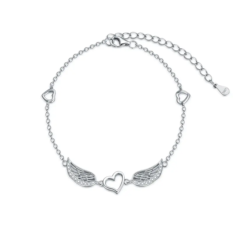 Sterling Silver Circular Shaped Cubic Zirconia Angel Wing & Heart Charm Bracelet