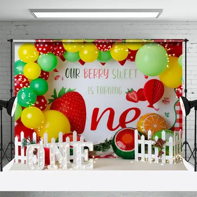 Strawberry Balloons 1st Birthday Photography Backdrop - Aperturee