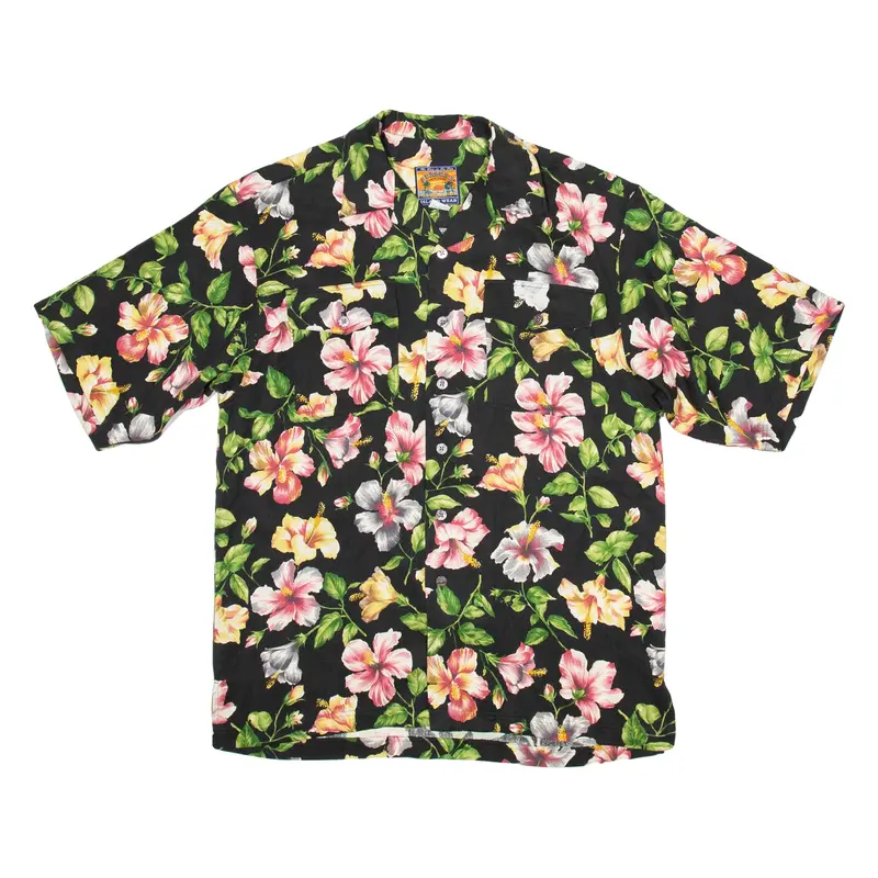 PUSSERS Mens Hawaiian Shirt Black Silk Floral M