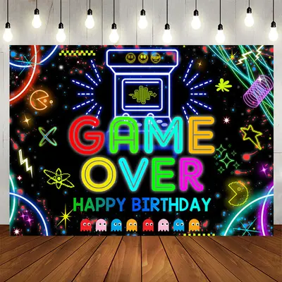 Video Game Over Black Glitter Birthady Backdrop - Aperturee