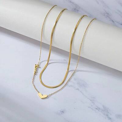 201 Stainless Steel Love Heart Pendant Double Layer Necklaces for Women