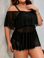 【Plus Size】 Solid Color Tankini Set, Sexy Sheer Dress & Swim Knicker, Women's Swimwear for All Seasons, Tankini Swimsuits...