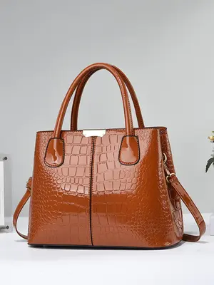 Women's Minimalist Elegant Plain Tote Bag, Summer 2025 Trendy Crocodile Embossed Large Volume Commuter Handbag with Adjustabl...
