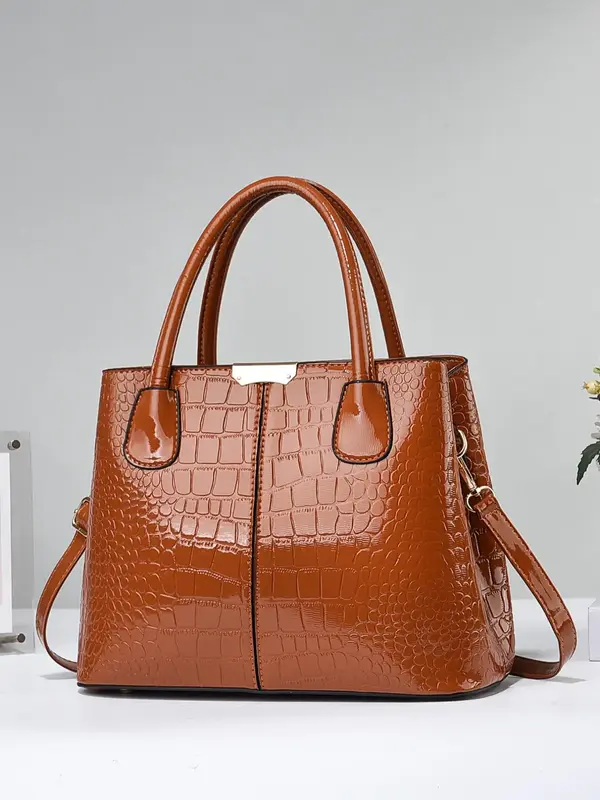Women's Minimalist Elegant Plain Tote Bag, Summer 2025 Trendy Crocodile Embossed Large Volume Commuter Handbag with Adjustabl...