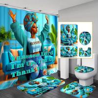 African American Woman Pattern Bathroom Accessories, 4 Counts/set Including Shower Curtain & Toilet U-shape Mat & Bathroom Ma...