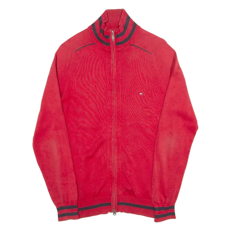 TOMMY HILFIGER Mens Cardigan Red High Neck Tight Knit S