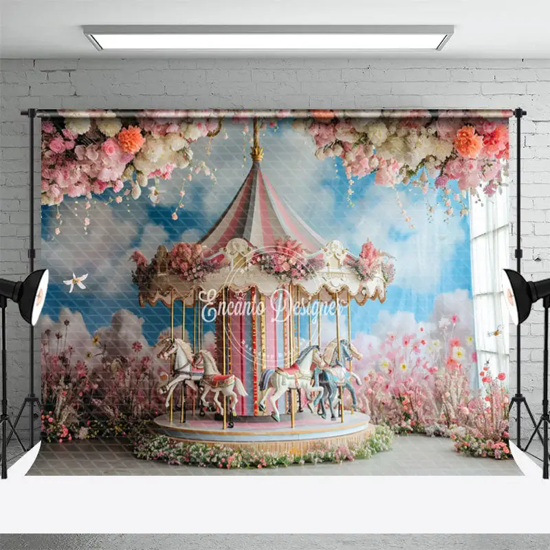 Merry Go Round Pink Floral Blue Sky Cloud Backdrop - Aperturee