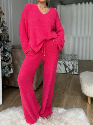 ăCOZY PAJAMA SETăWomen's Solid Split Hem Top & Pocket Pants Plush Pyjama Set, Casual Comfy Long Sleeve V Neck Top & Draw...