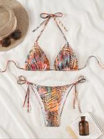 Women's Leopard Print Halter Triangle Bikini Set, High Stretch Casual Fashion Tie Back Backless Swim Top & Tie Side Swim Bot...