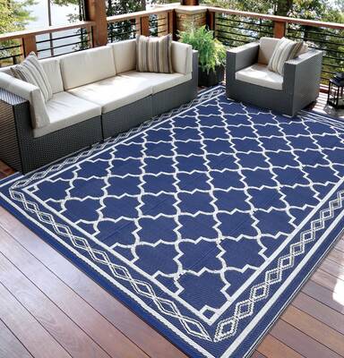 Garvee Outdoor Dark Blue 9x12 Rug Waterproof Reversible Patio Carpet Polypropylene UV & Stain Resistant Portable with Stakes ...