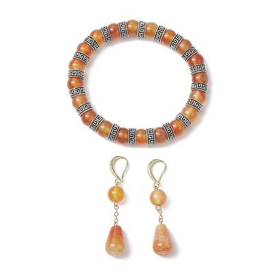 Natural Carnelian & Crackle Agate Beads Earring & Bracelets Set