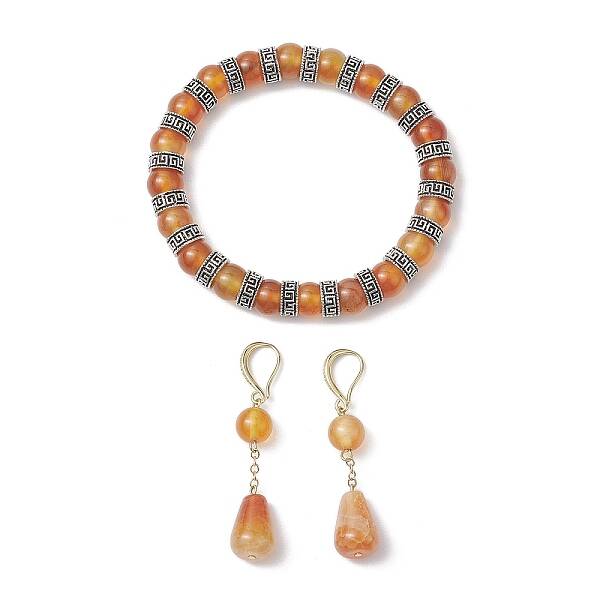 Natural Carnelian & Crackle Agate Beads Earring & Bracelets Set