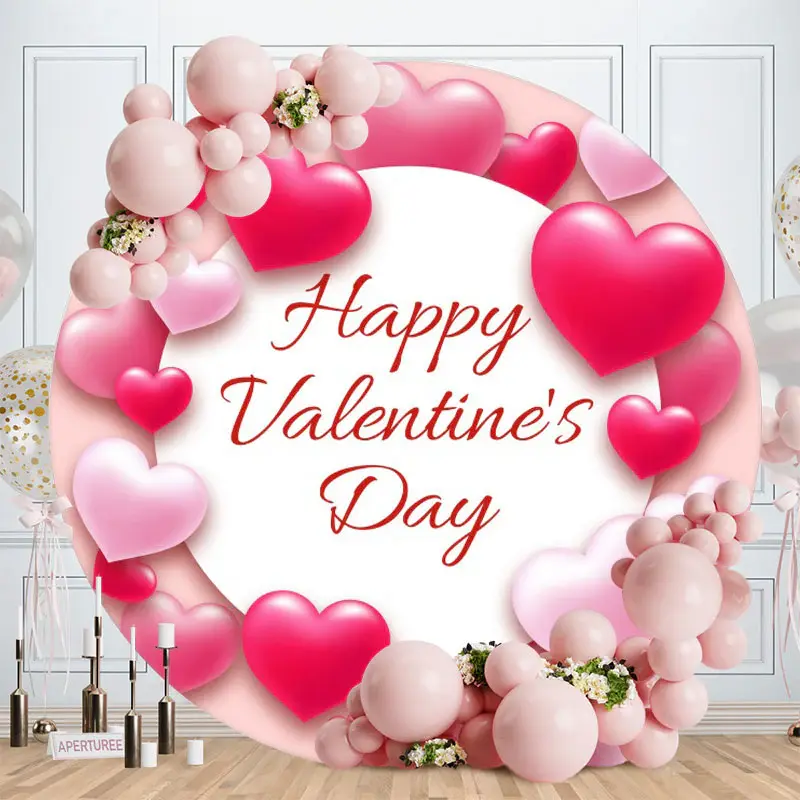 Aperturee Sweet Pink Loves Round Happy Valentines Backdrop