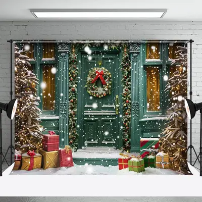 Green Retro Door Tree Gifts Snowy Christmas Backdrop - Aperturee