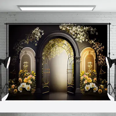 Black Arch Door White Floral Photography Backdrop - Aperturee