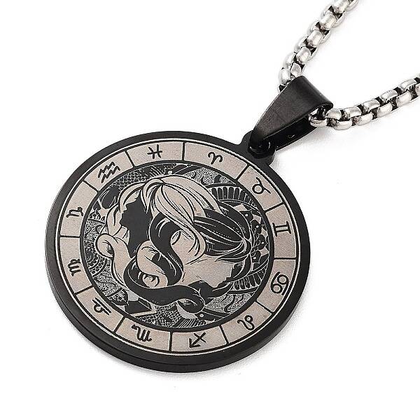 Retro Mandala 201 Stainless Steel Box Chain Constellation Pendant Necklaces for Women Men