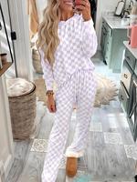 Two-piece Set Women's Checkerboard Print Long Sleeve Tee & Drawstring Waist Pants Pajama, Casual Comfy Round Neck Top & Pocke...