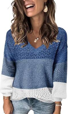 Womens Sweaters 2025 Fall V Neck Long Sleeve Hollow Knit Pullover Sweaters for Women