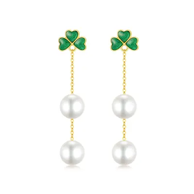 14K Gold Pearl Shamrock Drop Earrings