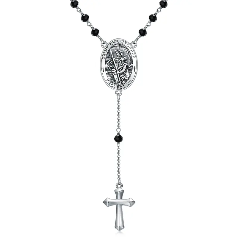 Sterling Silver Crystal Cross & Saint Christopher Non-adjustable Y-Necklace with Engraved Word for Men