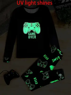 Two-Piece Set Boy's Game Console Print Tee & Pants Set, Long Sleeve Round Neck Top & Trousers, Casual Kids Clothes for Party,...