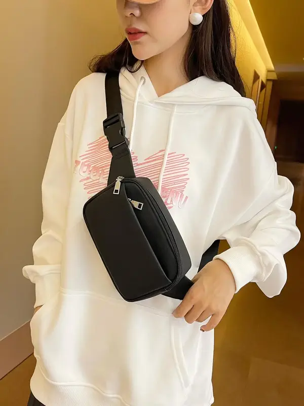 Women's Simple Solid Color Zipper Belt Bag, Casual Trendy Pu Leather Chest Bag for Daily Used, Female All-match Basic Fanny P...