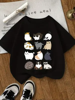 Girl's Cartoon Cat Print Round Neck Tee, Cute Casual Short Sleeve T-Shirt for Summer, Kids Clothes for Daily Wear