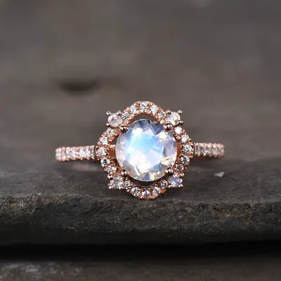 Unique Cordelia Moonstone And Diamond Engagement Ring Milgrain ring