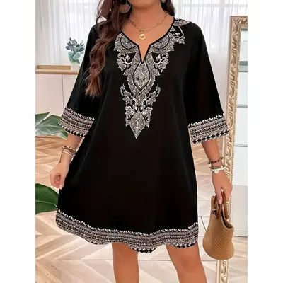 Plus Size Ethnic Print 3/4 Sleeve Dress, Elegant Notched Neck Above Knee Dress For Spring & Summer, Women's Plus Size Clothin...