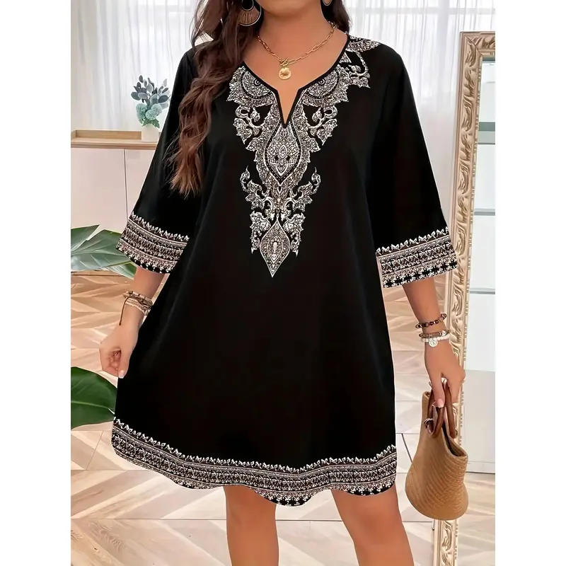 Plus Size Ethnic Print 3/4 Sleeve Dress, Elegant Notched Neck Above Knee Dress For Spring & Summer, Women's Plus Size Clothin...
