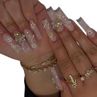 Butterfly & Flower Rhinestone Decor Fake Nail, 24pcs Shimmery Long Square False Nail & 1 Sheet Tape & 1 Count Nail File, Remo...