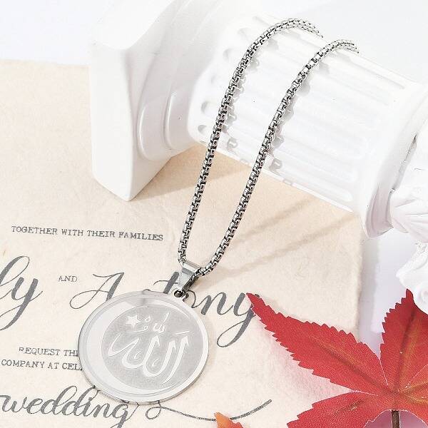 304 Stainless Steel Flat Round with Arabic Pendant Box Chain Necklaces for Women Men
