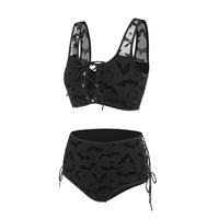2025 Womens Gothic Bikini Sets Swimsuit Bat Crescent Star Print Bathing Suit Cinched Mesh Lace Up Cut Out Swimwear Two Piece ...