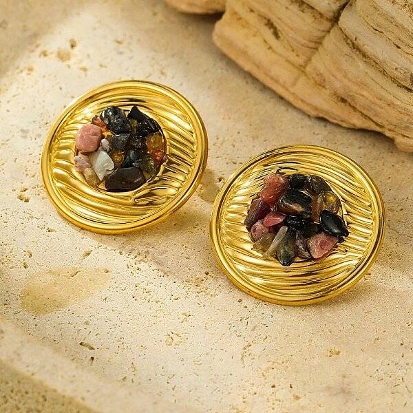 304 Stainless Steel Natural Agate Crystal Stud Earrings