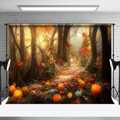 Red Flowers Leaves Forest Trod Autumn Photo Backdrop - Aperturee