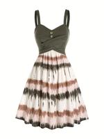 Women's Patchwork & Tie Dye Print Button Front Wrap Strap A Line Dress, Casual Sleeveless Backless Short Dress for Summer, La...