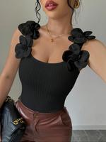Women's Plain Flower Decor Tank Top, Casual Sleeveless Top for Summer, Women's Clothing for Daily Wear