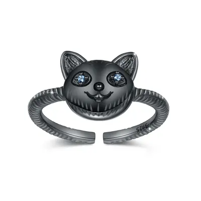 Sterling Silver with Black Plated Cubic Zirconia Cat Open Ring