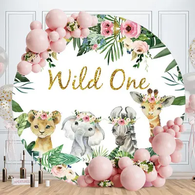 Aperturee Round Animals Gold Glitter Wild One Birthday Backdrop | Circle Birthday Backdrop Cover | Round Party Backdrop | Rou...