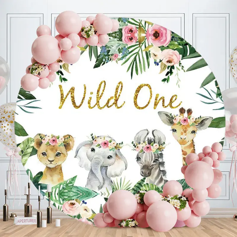 Aperturee Round Animals Gold Glitter Wild One Birthday Backdrop | Circle Birthday Backdrop Cover | Round Party Backdrop | Rou...