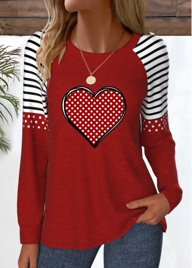 Modlily Wine Red Patchwork Heart Print Long Sleeve T Shirt - XXL