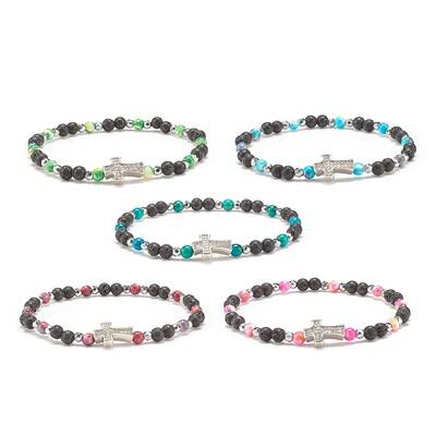 Natural & Synthetic Mixed Gemstone Beaded Stretch Bracelet with Clear Cubic Zirconia Cross for Women