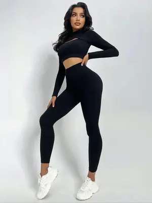 Two-Piece Set Women's Solid Cut Out Crop Top & High Waist Leggings Tracksuit Set, Long Sleeve Mock Neck Top & High Stretch Yo...