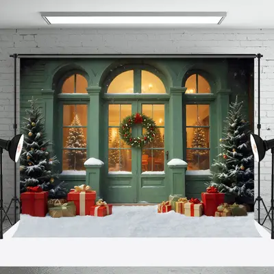 Aperturee Snowy Green Shop Wreaths Christmas Backdrop For Photography