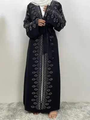 Women's Rhinestone Decor Belted Abaya without Hijab, Chic Modest Long Sleeve Open Front Abaya for Daily Wear, Ladies Islamic ...